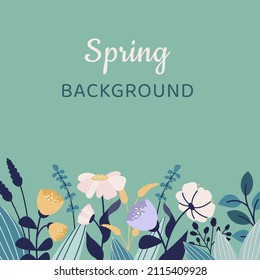 Spring botanical banner with beautiful colorful flowers, leaves, blooms, herbal plants, wildflowers. Floristic background. Floral template. Vector flat illustration