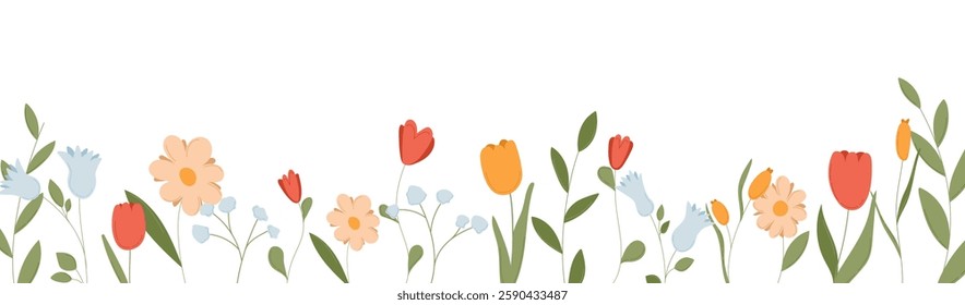 Spring botanical border frame for banner with flower bloom. Summer wildflower isolated edge design. Meadow flora element with cute leaf and branch pattern. Flat long illustration for background.