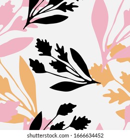 spring botanical flower silhouette illustration with plants and herbs. Seamless vector pattern isolated on white background. design elements