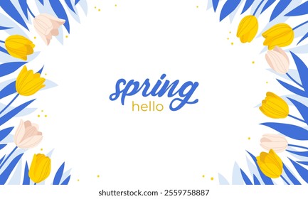 Spring botanical flowers banner. Background with yellow and white tulips and leaves. Hand drawn vector illustration for postcard, greeting card, invitation decoration