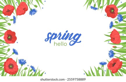 Spring botanical flowers banner. Background with red poppies, cornflower and leaves. Hand drawn vector illustration for postcard decoration, greeting card, invitation