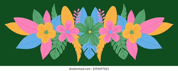 Spring botanical horizontal border. Colorful flowers and tropical leaves in a row
