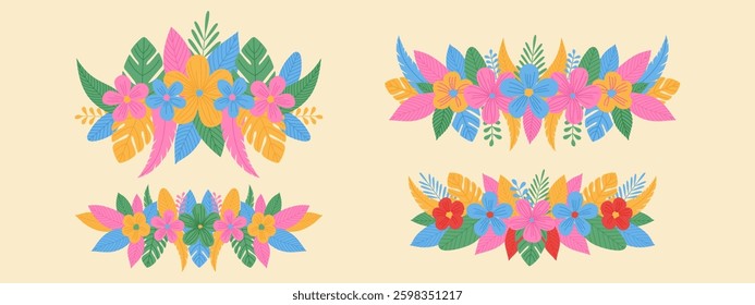 Spring botanical horizontal border. Colorful blooming flowers and exotic leaves. Set of floral daisy borders