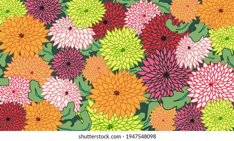 Ilustración botánica de С primavera contemporánea. Ilustración vectorial dibujada a mano. Flores de crisantemo. Diseño ornamental para decoración interior, tapicería, papel de regalo, textil y diseño de mosaicos.