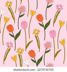 Spring botanical seamless pattern in 70s-90s style. Retro flowers. Perfect for kids wall wallpaper, gift paper, pattern fills, web page background, greeting cards.