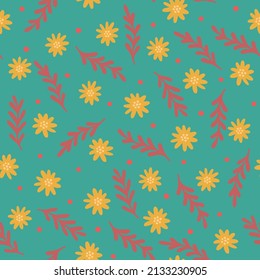 Spring botanical seamless pattern with flowers,l eaves and berries isolated on green backgroung. Perfect for textile, wallpaper. Vector cartoon hand drawn illustration.