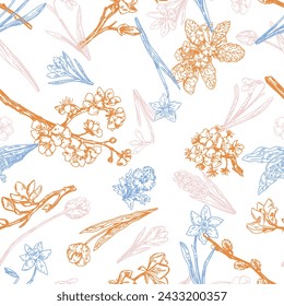 Spring botanical seamless pattern. Ornament of blooming tree branches, wild flowers. Vector design in retro engraving style.