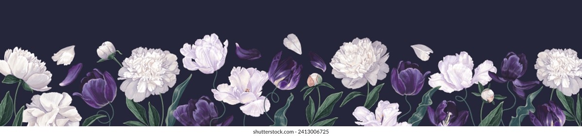 Vector botánico de primavera con peonías y tulipanes. Banner horizontal azul oscuro o fondo floral decorado con magnífico blanco y azul oscuro con flores violetas y un borde de hojas. 