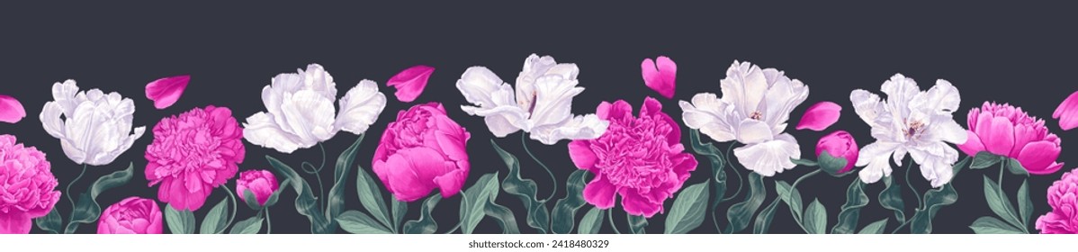 Spring botanical vector with white tulips and pink peonies. Realistic style of hand-drawn botanical elements. Horizontal banner or floral background decorated with gorgeous flowers and foliage border.