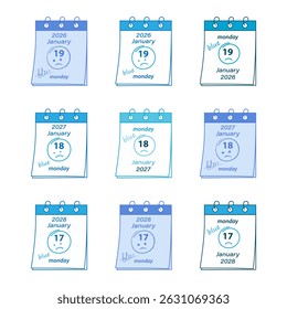 Spring bound calendar pages Blue Monday Date and Hand Drawn Sad emoticon around and text blue Bundle