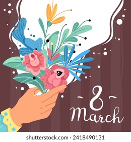 Spring bouquet. 8 march card or postcard. Square poster. Greeting and invitation. Woman day celebration. Female hand hold flowers. Botanical drawing elements. Cartoon flat vector illustration