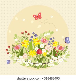 Spring bouquet of beautiful flowers and butterflies