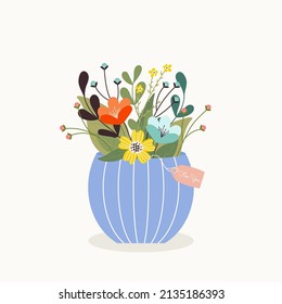 Spring bouquet of blooming red, blue and yellow wild flowers in vase. Bunch of flowers, plants and herb with blossomed buds in blue pot. Colored flat vector illustration isolated on white background