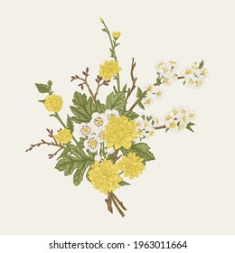 Spring bouquet with blossoming branches of fruit trees. Vector botanical illustration. Vintage style. Kerria Japanese, cherry, hawthorn.