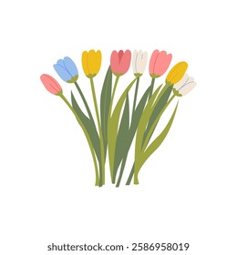 Spring bouquet of colorful tulip flowers. Elegant botanical vector flat illustration. Floral clipart for spring holidays, 8 march women's day, birthday, mother's day designs