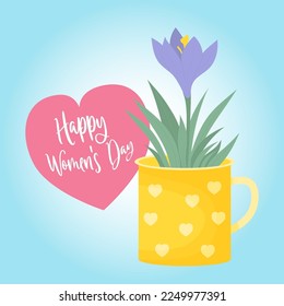 Spring bouquet with Crocus flower. Purple saffron in cup. greeting card Happy Womens Day. Vector illustration in flat style for postcards, design, print, decor, covers