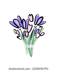 Spring bouquet of crocuses. Flowers bouquet isolate. Color vector illustration.