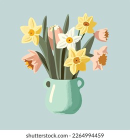 Spring bouquet of daffodils or narcissus, illustration in cheery pastels colors