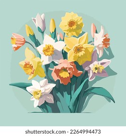 Spring bouquet of daffodils or narcissus, illustration in cheery pastels colors