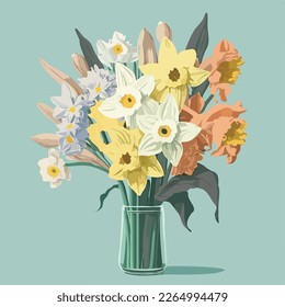 Spring bouquet of daffodils or narcissus, illustration in cheery pastels colors