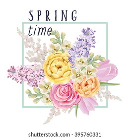 Spring bouquet of delicate flowers. Vector greeting card with message Spring time. Design artwork for the poster, tee shirt, pillow, home decor. Yellow and pink roses, lilac, tulip, matthiola.