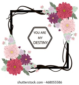 Spring bouquet of delicate flowers. Vector greeting card with message Spring time. Design artwork for the poster background with tropical flowers. Template Vector.