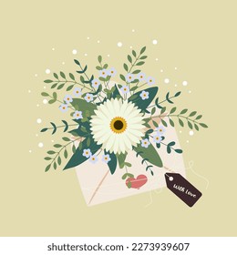 Spring bouquet of flower in paper envelope with label. Concept for mother's day, March 8. Vector illustration