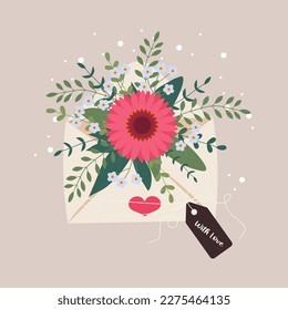 Spring bouquet of flower in paper envelope with label. Concept for mother's day, March 8. Vector illustration