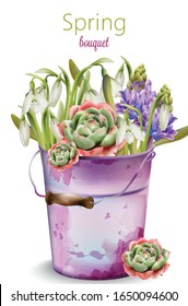 Spring bouquet of flowers in bloom. Bluebell, lavender, peony. Old purple painted bucket. Vector