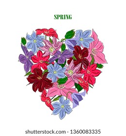 Spring  bouquet from flowers of clematis in the shape of a heart. Template for cards, invitations, weddings.Hand drawing, botanical illustration.