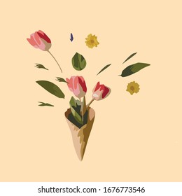 Spring bouquet of flowers in cone form. Vector illustration.