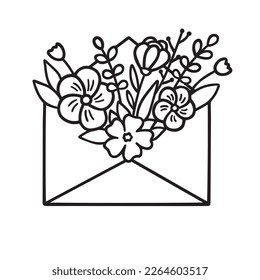 Spring bouquet of flowers in an envelope. Сard with flowers in doodle style. Hand drawn vector illustration isolated on white background