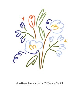 Spring bouquet, gift in modern lineart style. Blooming field flower, floral bunch. Abstract summer beautiful blossomed wildflower. Colored flat graphic vector illustration isolated on white background