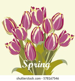 Spring bouquet of lila tulips. Vector illustration on yellow background