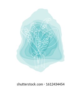 Spring bouquet of lilies of the valley. Background - 3D imitation of paper layers, shades of water color. Sketch. Vector.