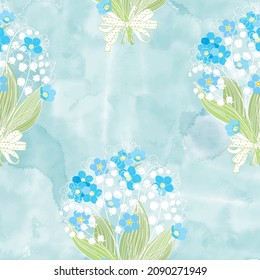 Spring bouquet with lilies of the valley and forget-me-nots. Seamless vector pattern on blue watercolor background. Perfect for design templates, wallpaper, wrapping, fabric and textile.