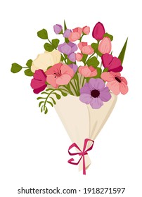 Spring bouquet for Mother s Day with tulips and other flowers, March 8, International Women s Day. Vector