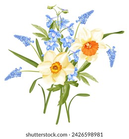 Spring bouquet with narcissus, blue delphinium flower and hyacinth. Stock vector illustration on a white background.