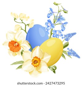 Spring bouquet with narcissus, blue hyacinth, delphinium, sweet pea and Easter eggs. Stock vector illustration on a white background.