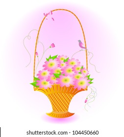 Spring bouquet of pink flowers in a basket and a bird. Vector. eps 8