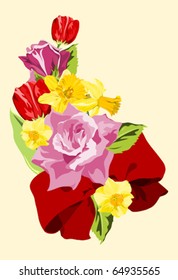 Spring bouquet of roses, daffodils and tulips with a red bow