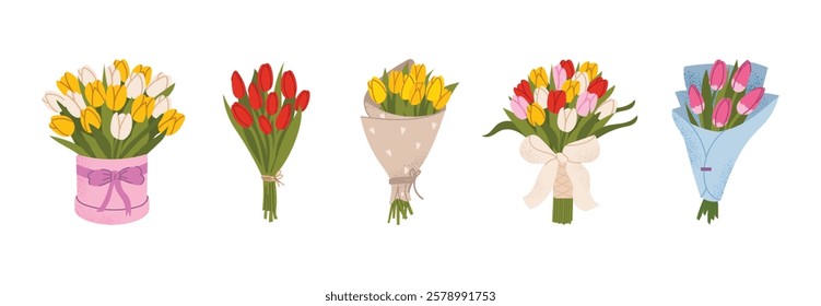 Spring bouquet set with tulips in different arrangements. Perfect for Women's Day, Mother's Day, weddings, and spring celebrations. Vector illustration isolated on white background.