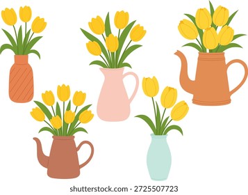 Conjunto de ramo de primavera con tulipanes en diferentes arreglos. Perfecto para el Día de la Mujer, el Día de la Madre, bodas y celebraciones de primavera. Ilustración vectorial aislada sobre fondo blanco. Conjunto de ramos de flores de primavera de diseño plano en florero, tetera y jarra. Para postales, decoración de interiores, redes sociales, blog, pegatinas, etiquetas, cubiertas.
