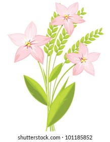 Spring bouquet of three pink flowers and green ears of wheat.