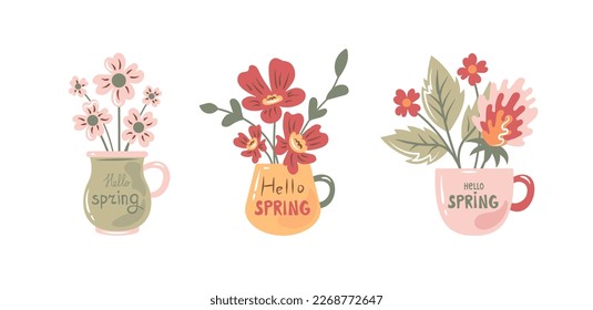 Spring bouquet vector collection. Cute floral greeting cups with inscription hello spring. Springtime isolated vector illustration with mug