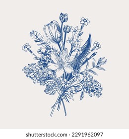 Spring bouquet. Vector illustration. Garden flowers. Bloom. Blue