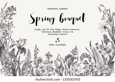 Spring bouquet  Vintage vector card and garden flowers  Botanical illustration  Floral background  Black   white 