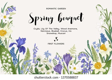 Spring bouquet. Vintage vector card with garden flowers. Botanical illustration. Floral background.