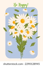 Spring bouquet of white chamomile or daisy flowers. Botanical vector illustration isolated for postcard, poster, ad, decor and other uses. Festive text can be replaced.