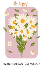 Bouquet de primavera de camomila branca ou flores de margaridas. Ilustração vetorial botânica isolada para cartões postais, cartazes, anúncios, decoração e outros usos. O texto festivo pode ser substituído.